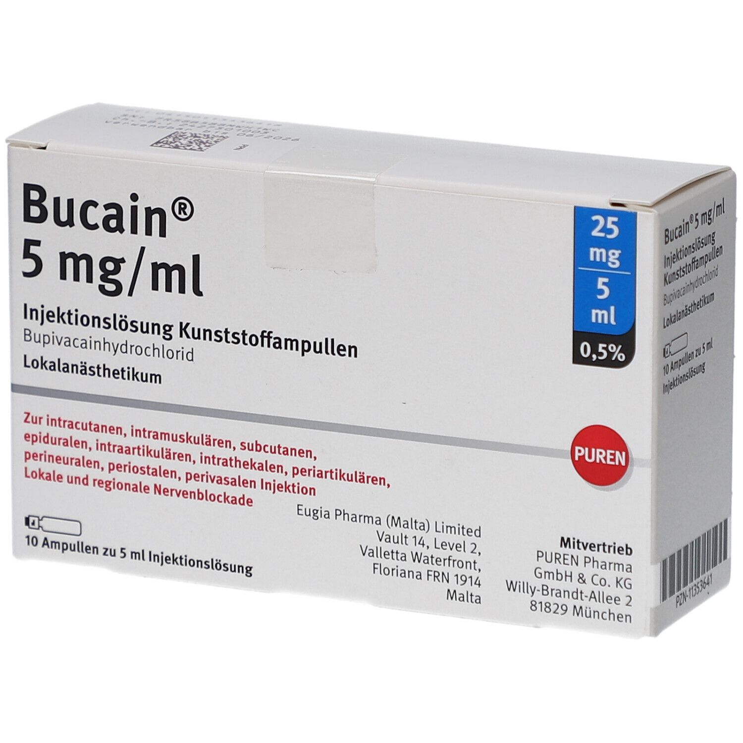 Schachtel Bucain® 5 mg/ml. Injektionslösung. Bupivacainhydrochlorid. 10 Ampullen. Eugia Pharma Logo. Puren Logo.