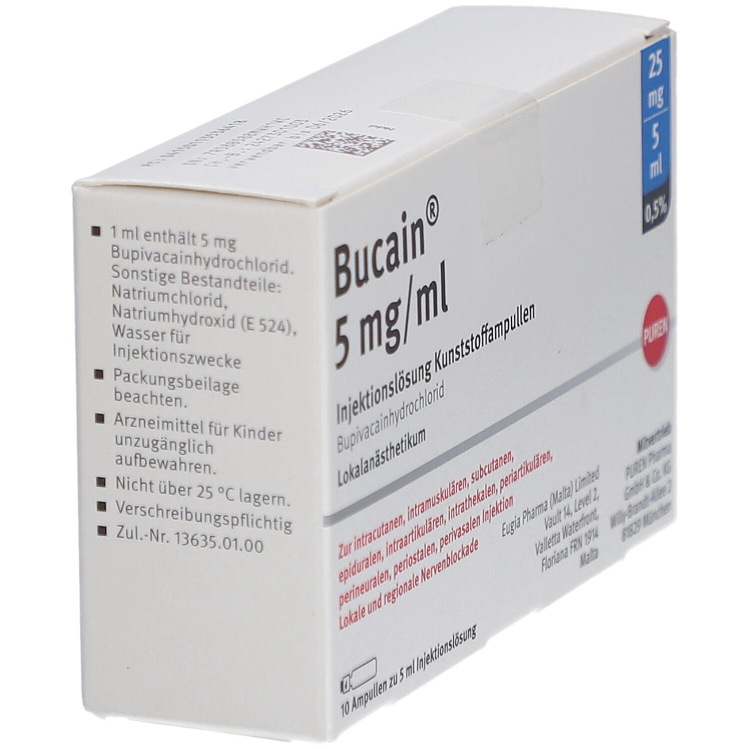 Schachtel Bucain® 5 mg/ml. Injektionslösung. Bupivacainhydrochlorid. 10 Ampullen. Text: 1 ml enthält 5 mg. Eugia Pharma Logo.