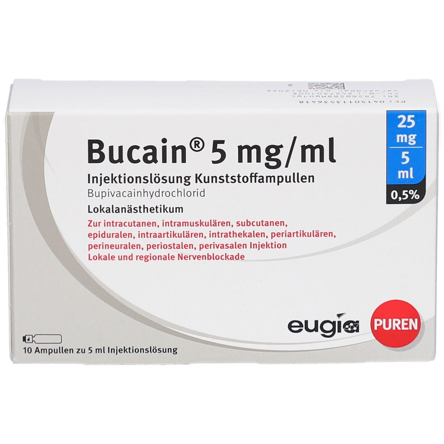 Schachtel Bucain® 5 mg/ml. Injektionslösung. Bupivacainhydrochlorid. 10 Ampullen. Eugia Puren Logo. Blaue Markierung: 25 mg/5 ml, 0,5%.