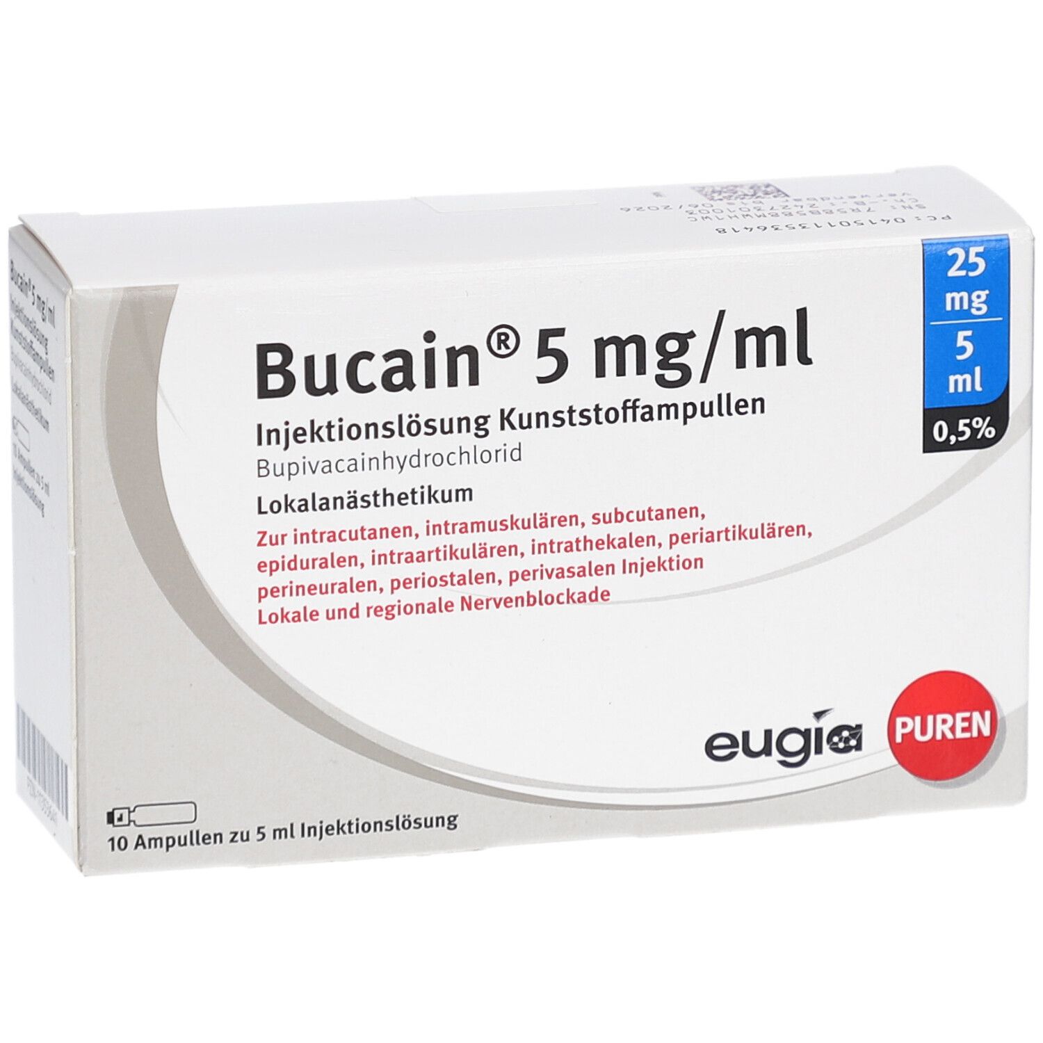 Schachtel Bucain® 5 mg/ml. Injektionslösung. Bupivacainhydrochlorid. 10 Ampullen. Eugia Puren Logo. Blaue Markierung: 25 mg/5 ml, 0,5%.