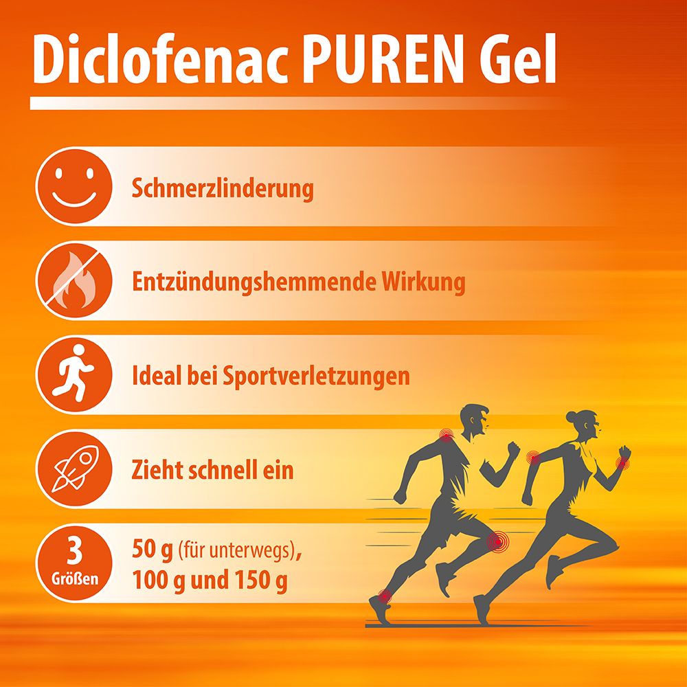 Diclofenac PUREN Gel 100g Tube mit Icons für Schmerzlinderung, entzündungshemmende Wirkung, Sportverletzungen und schnelle Absorption.