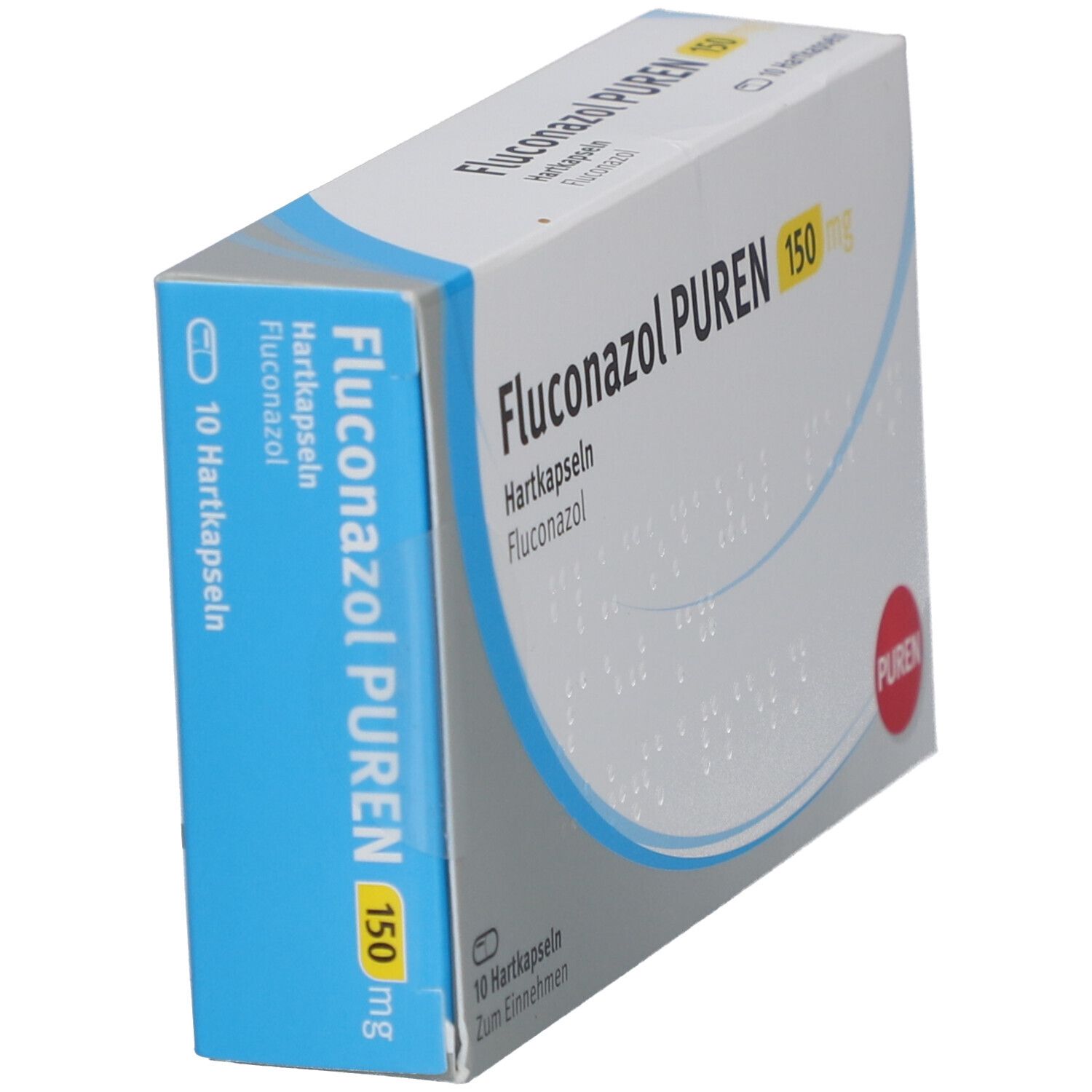 Schachtel Fluconazol PUREN 150 mg. Blaue Seite mit Produktnamen und Dosierung. PUREN-Logo.