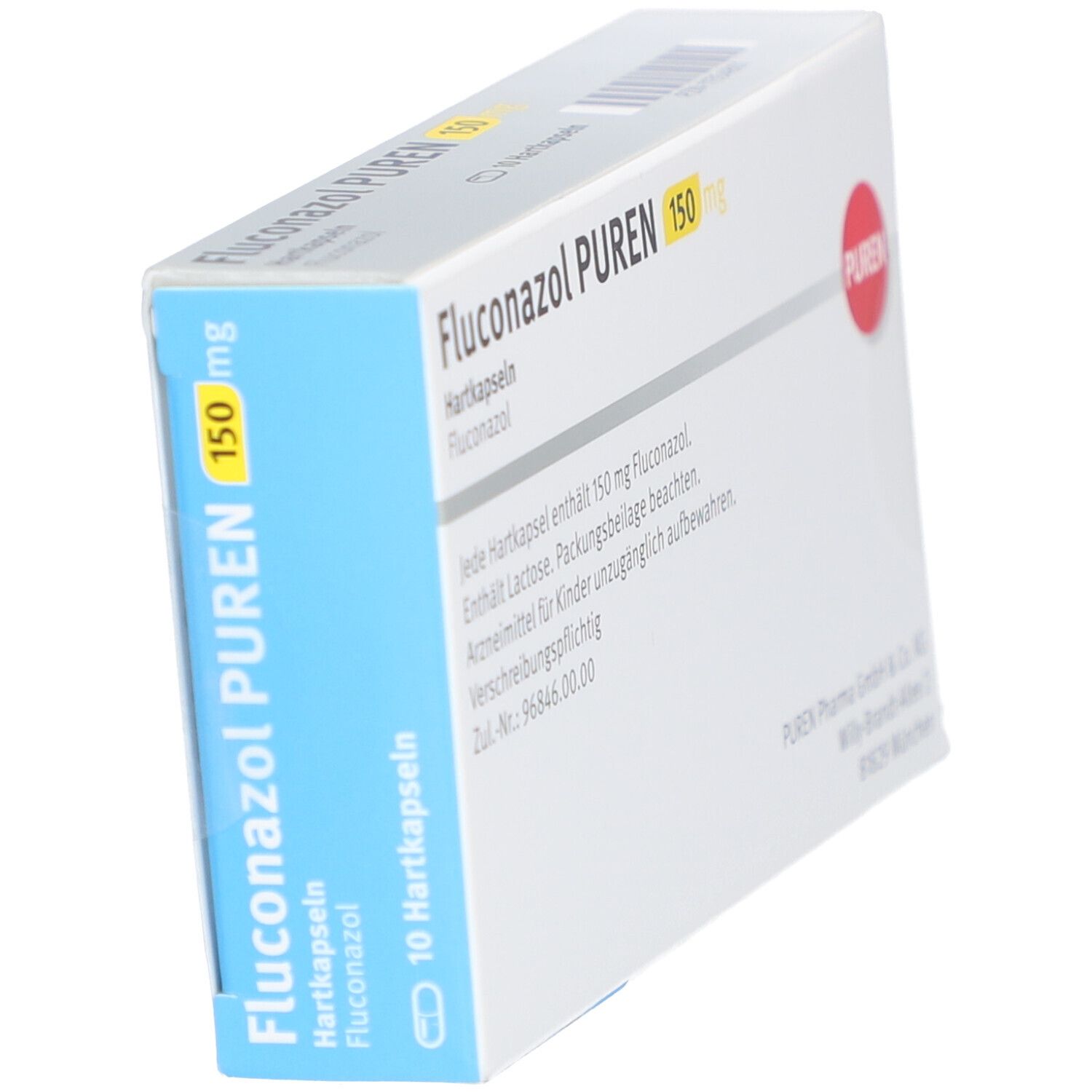 Schachtel Fluconazol PUREN 150 mg. Blaue Seite mit Produktnamen und Dosierung. PUREN-Logo.