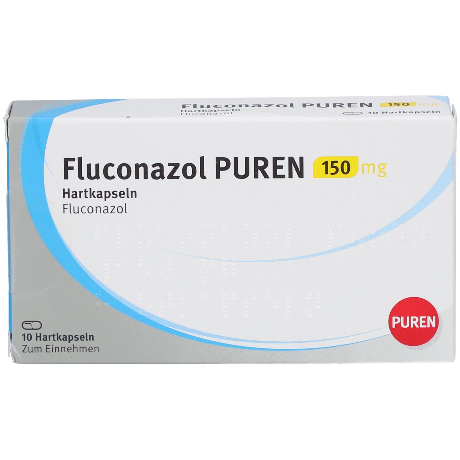 Schachtel Fluconazol PUREN 150 mg. Aufschrift: 10 Hartkapseln. PUREN-Logo.