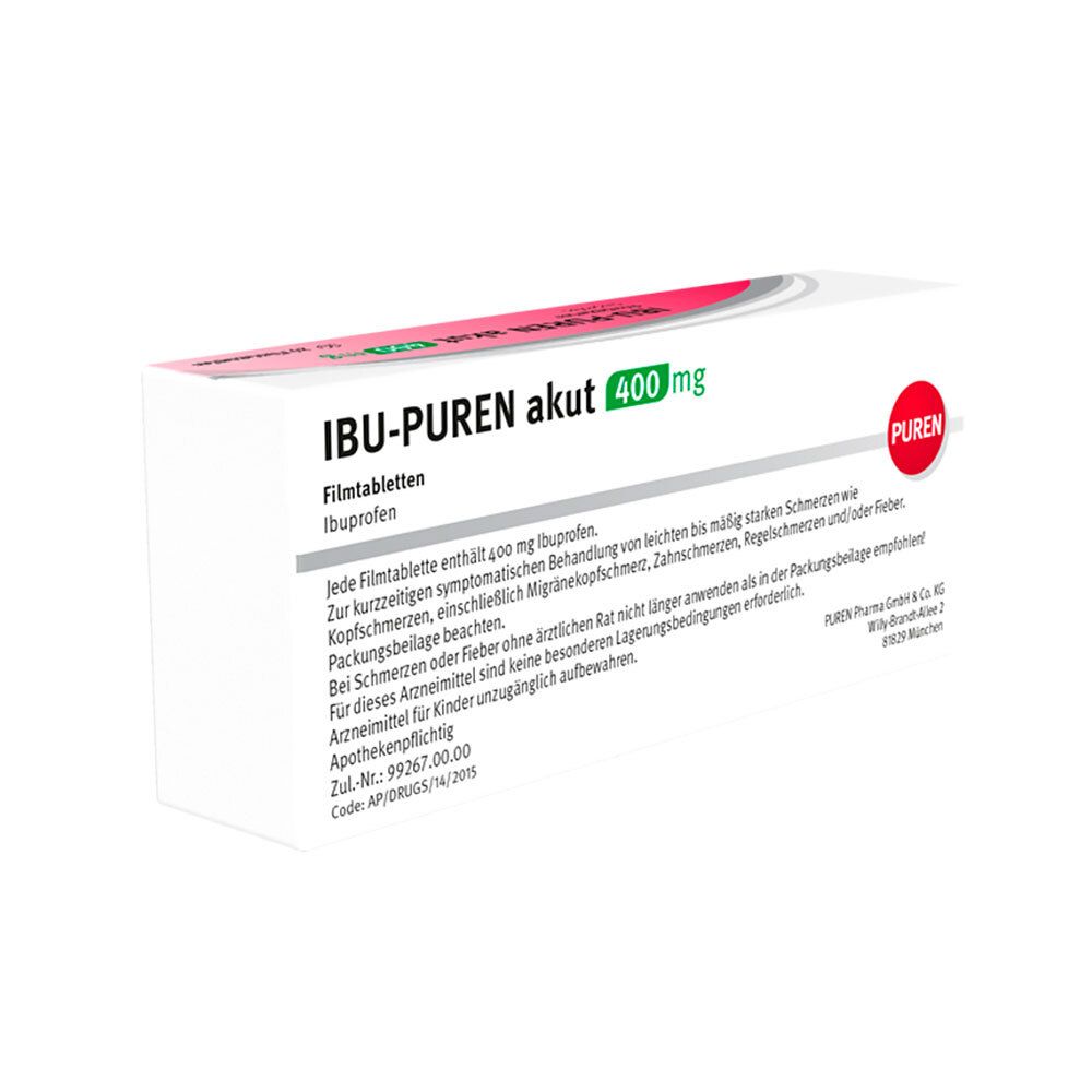 Ibuprofen PUREN akut 400 mg Verpackung, schräg. Text mit Produktname, Dosierung, und Beipackzettel-Informationen.