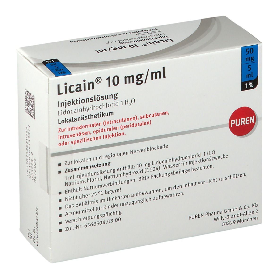 Licain 1% 10 mg/ml Inj.Lsg.50mg/5ml Glasamp. 10x5 ml Injektionslösung