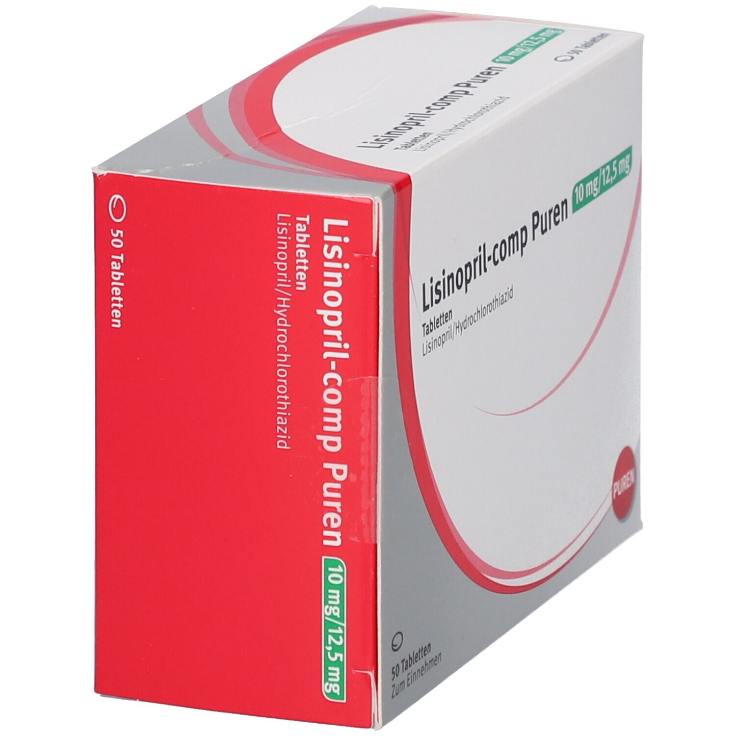 Schachtel Lisinopril-comp Puren 10 mg/12,5 mg. Rote und weiße Verpackung. 50 Tabletten.