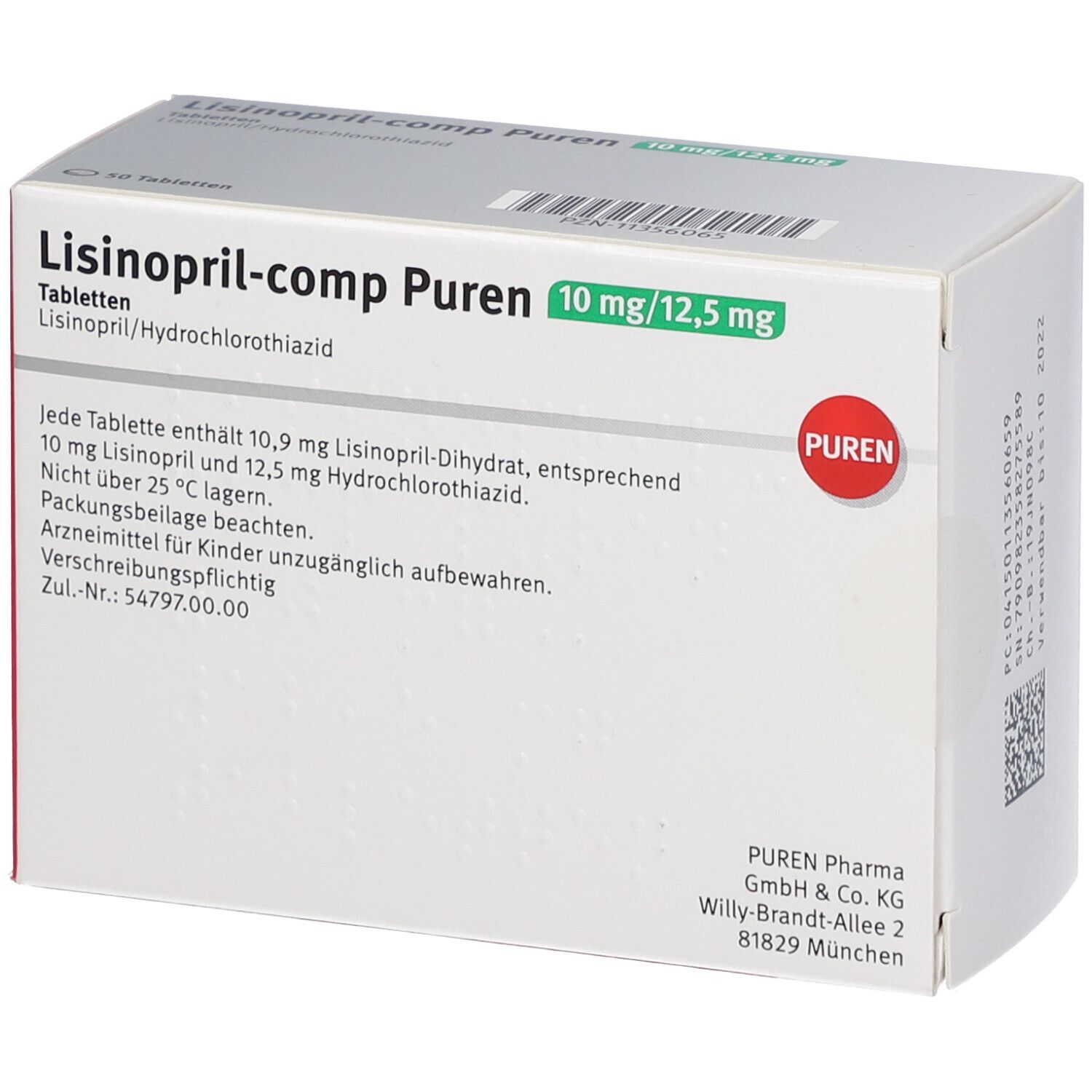 Schachtel Lisinopril-comp Puren 10 mg/12,5 mg. Text und Logo PUREN. 50 Tabletten.