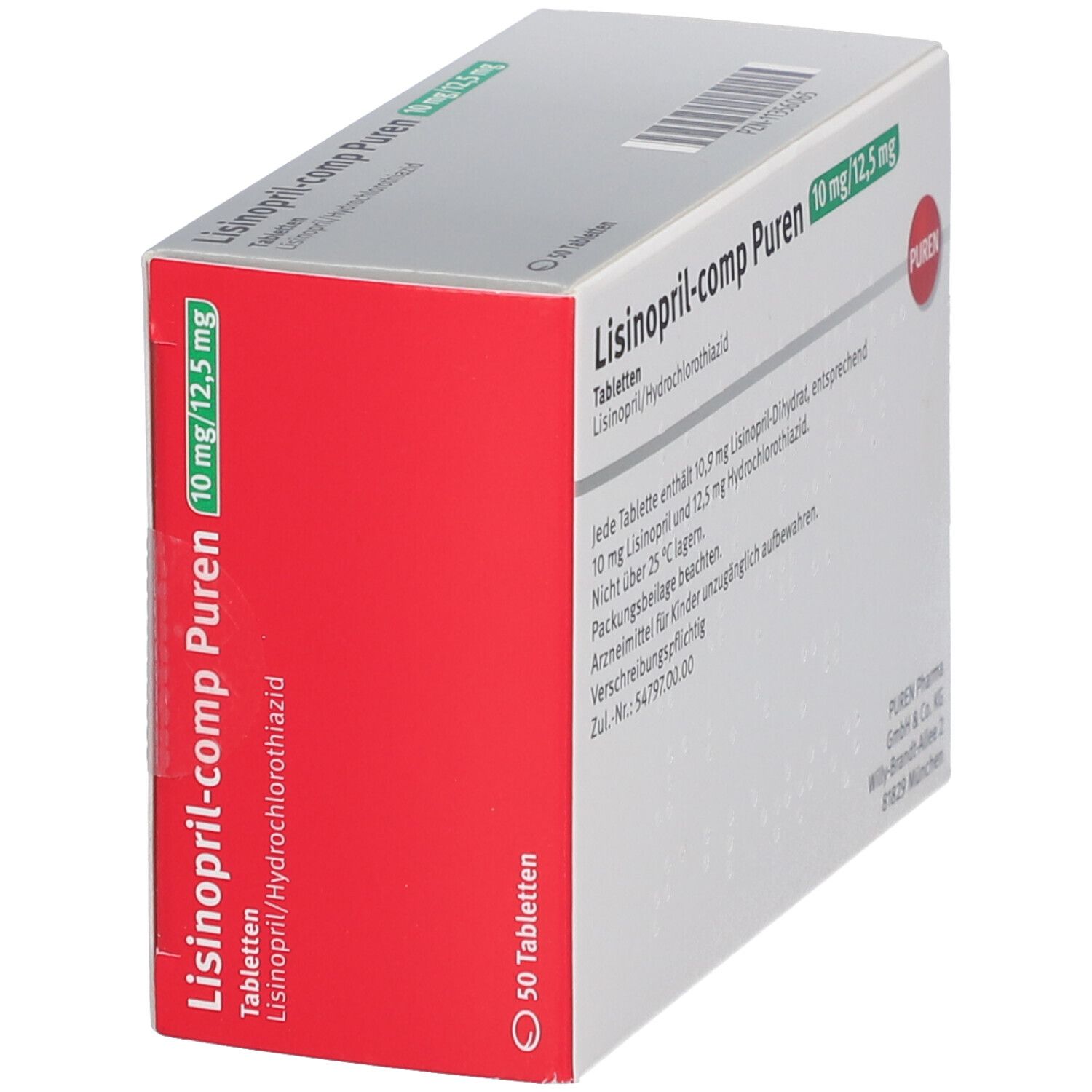 Schachtel Lisinopril-comp Puren 10 mg/12,5 mg. Rote und weiße Verpackung. 50 Tabletten.