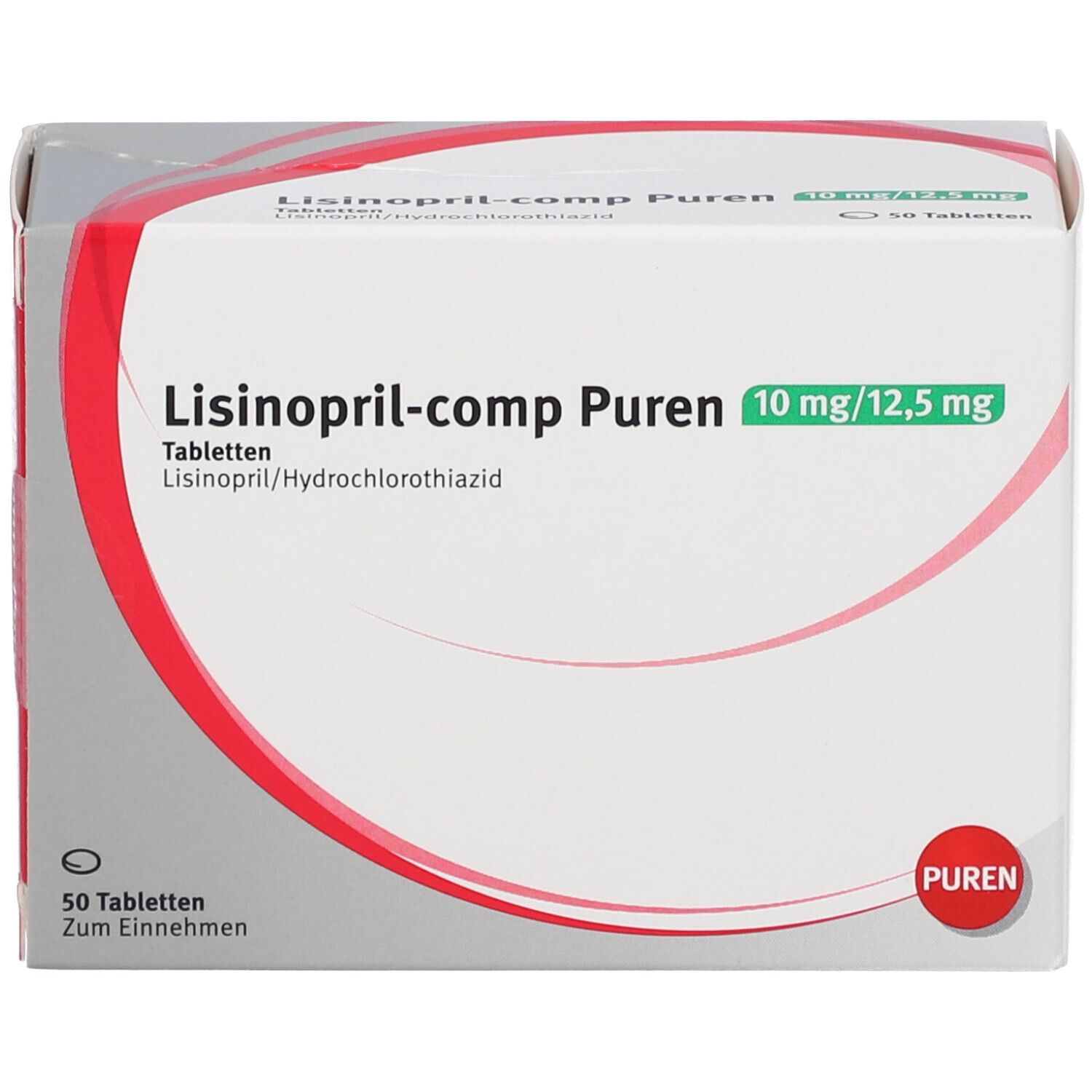 Schachtel Lisinopril-comp Puren 10 mg/12,5 mg. 50 Tabletten. Rote und weiße Verpackung mit Text.