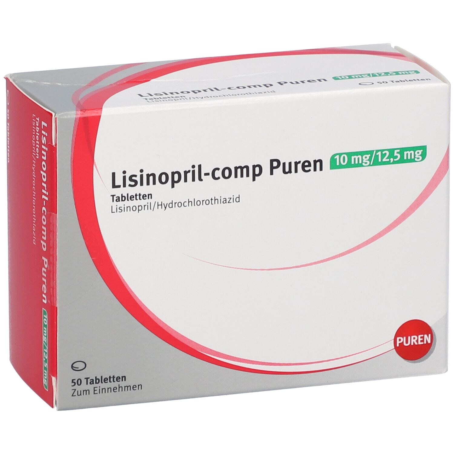 Schachtel Lisinopril-comp Puren 10 mg/12,5 mg. 50 Tabletten. Rote und weiße Verpackung mit Text.