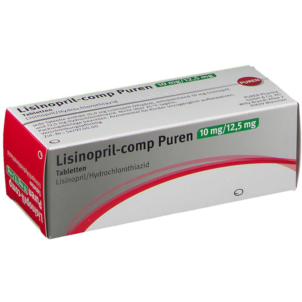 Schachtel Lisinopril-comp Puren 10 mg/12,5 mg. Text und Logo PUREN. 50 Tabletten.