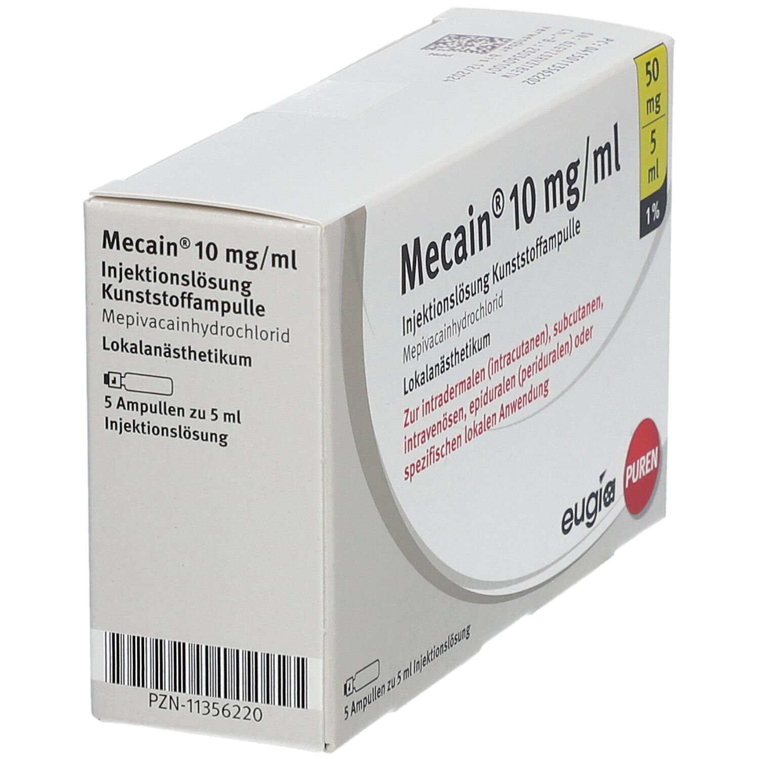 Mecain 1% 10 mg/ml Inj.L.50mg/5ml Luer-Lock Amp. 5x5 ml Injektionslösung