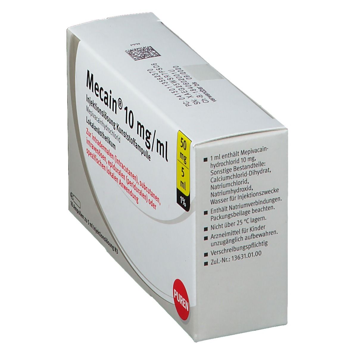 Mecain 1% 10 mg/ml Inj.L.50mg/5ml Luer-Lock Amp. 50x5 ml Injektionslösung