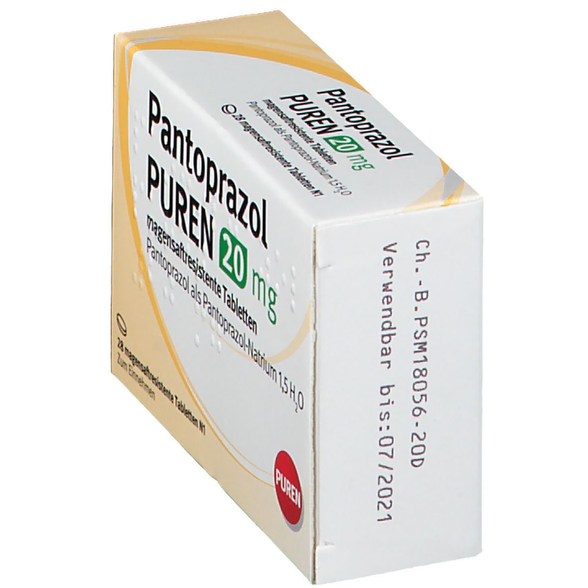 Schachtel Pantoprazol PUREN 20 mg. Aufdruck: Verwendbar bis 07/2021. PUREN Logo. 28 magensaftresistente Tabletten.