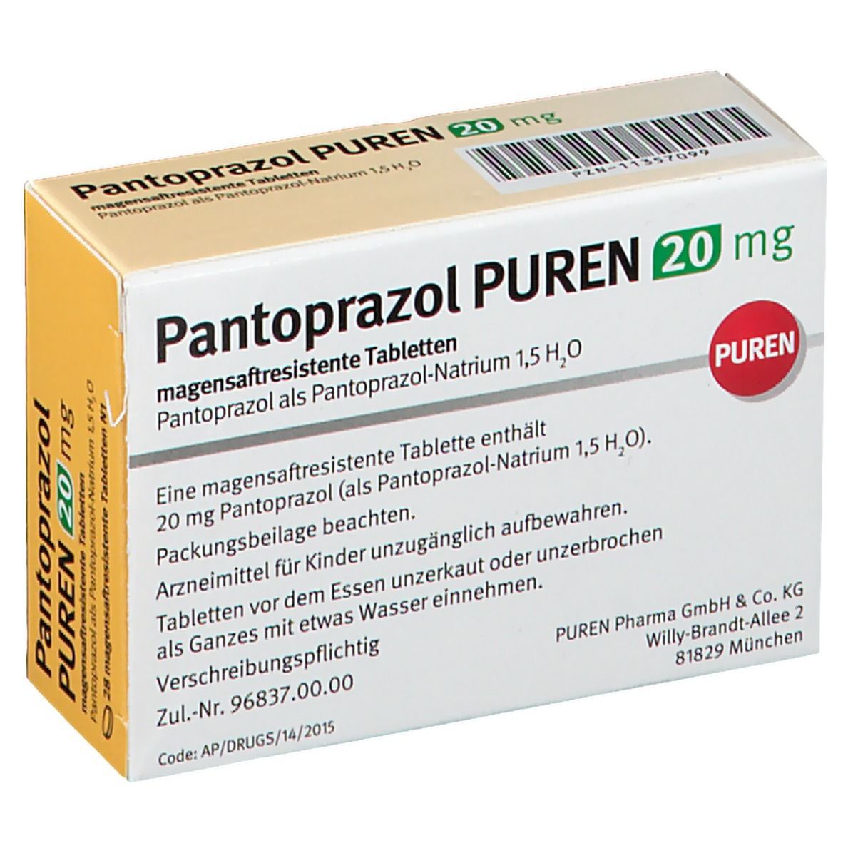 Schachtel Pantoprazol PUREN 20 mg. Aufschrift: 28 magensaftresistente Tabletten. PUREN Logo. Beipackzettel.