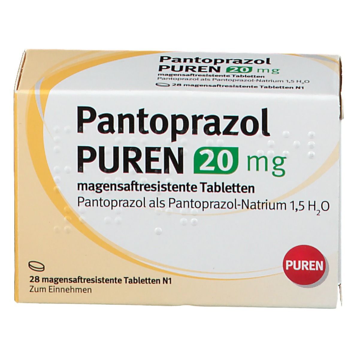 Schachtel Pantoprazol PUREN 20 mg. Aufschrift: 28 magensaftresistente Tabletten. PUREN Logo.