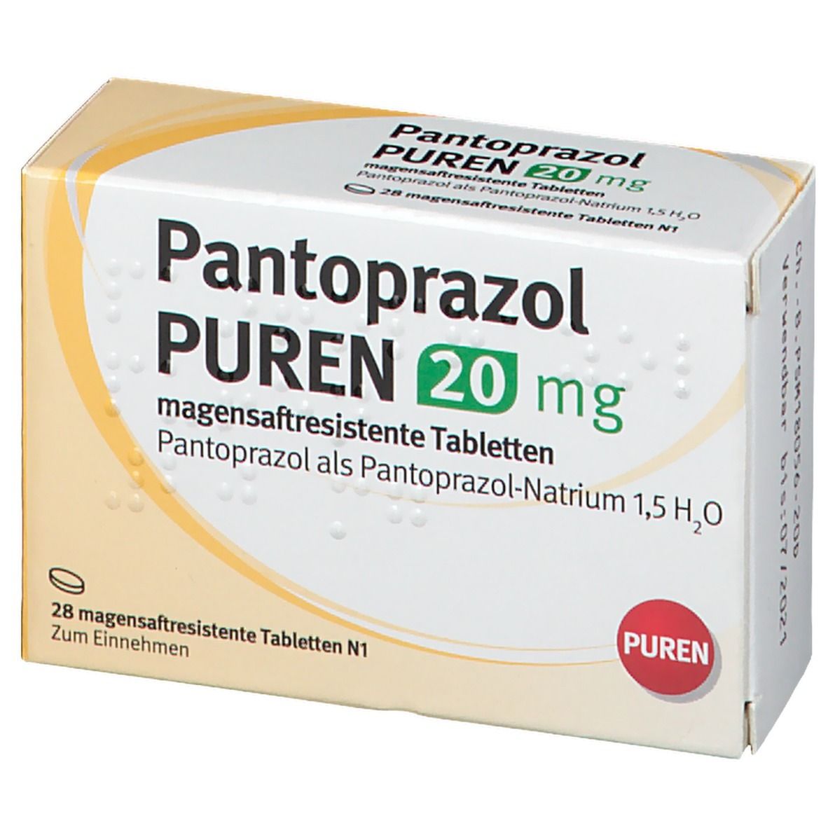 Schachtel Pantoprazol PUREN 20 mg. Aufschrift: 28 magensaftresistente Tabletten. PUREN Logo.