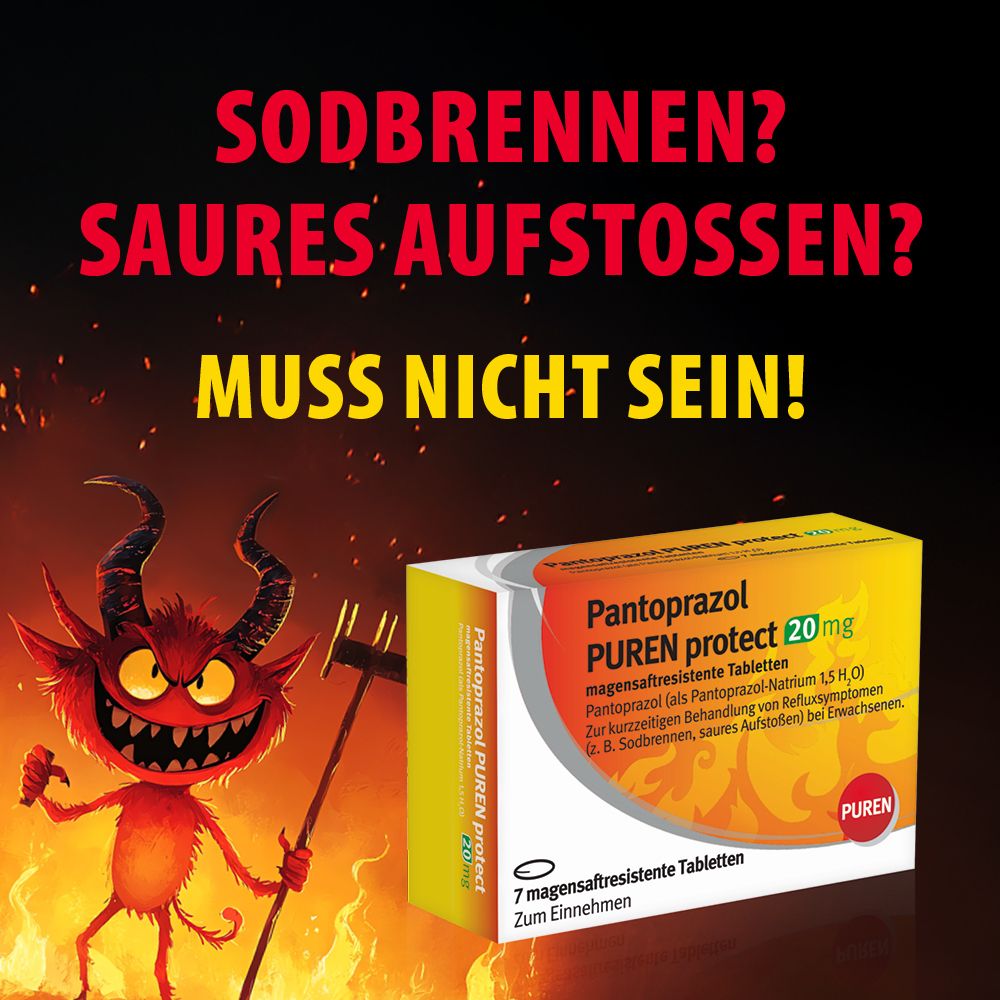 Text auf rotem Hintergrund: Sodbrennen? Saures Aufstoßen? Muss nicht sein! Kleiner Teufel mit Gabel und Schachtel.