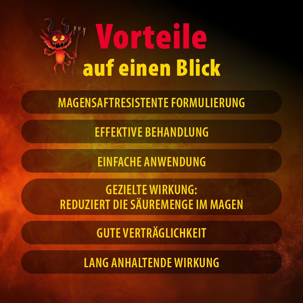 Vorteile auf einen Blick: magensaftresistente Formulierung, effektive Behandlung, einfache Anwendung, gezielte Wirkung, gute Verträglichkeit.