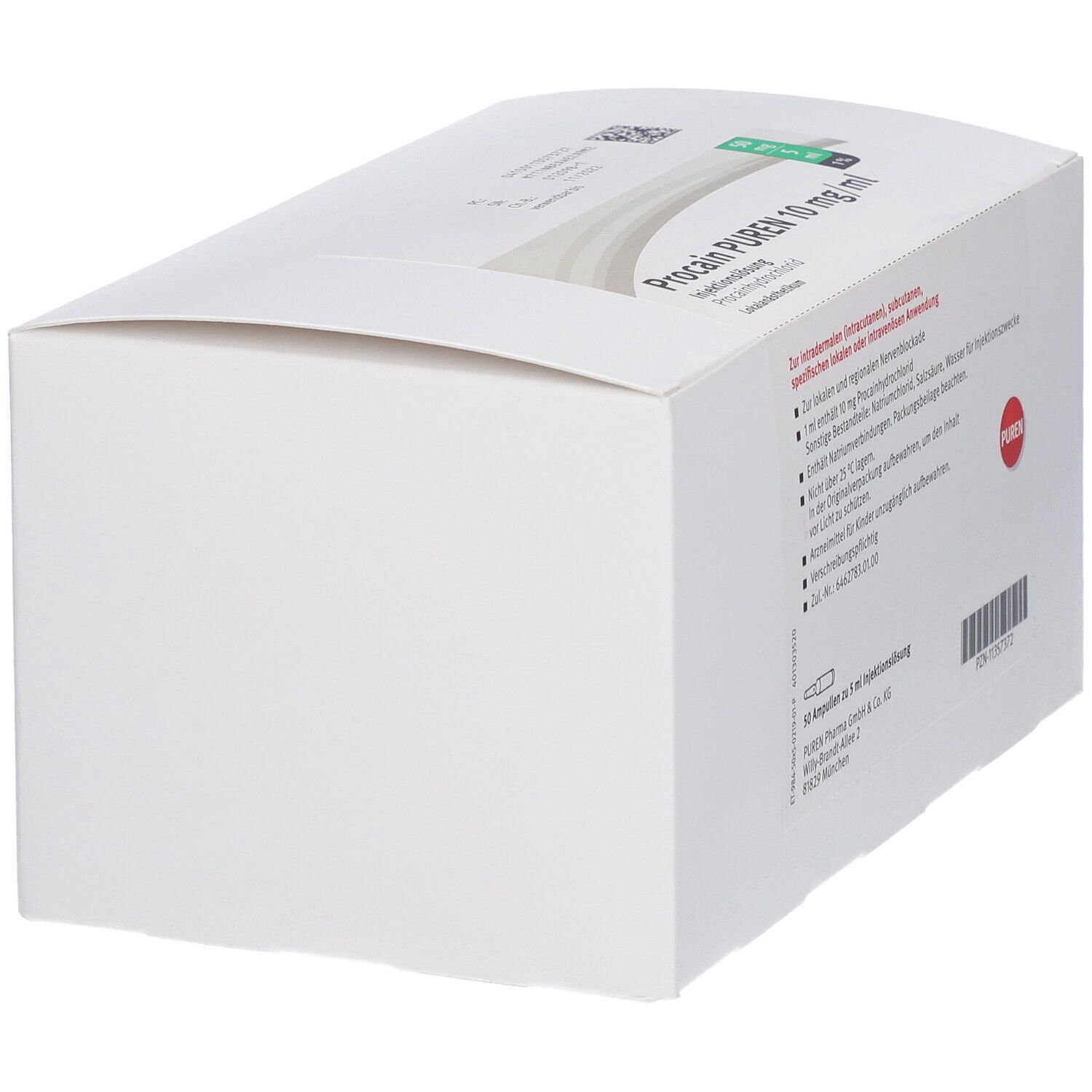 Weiße Produktverpackung, schräg von der Seite gesehen. Aufschrift: Procain PUREN 10 mg/ml. Barcode.