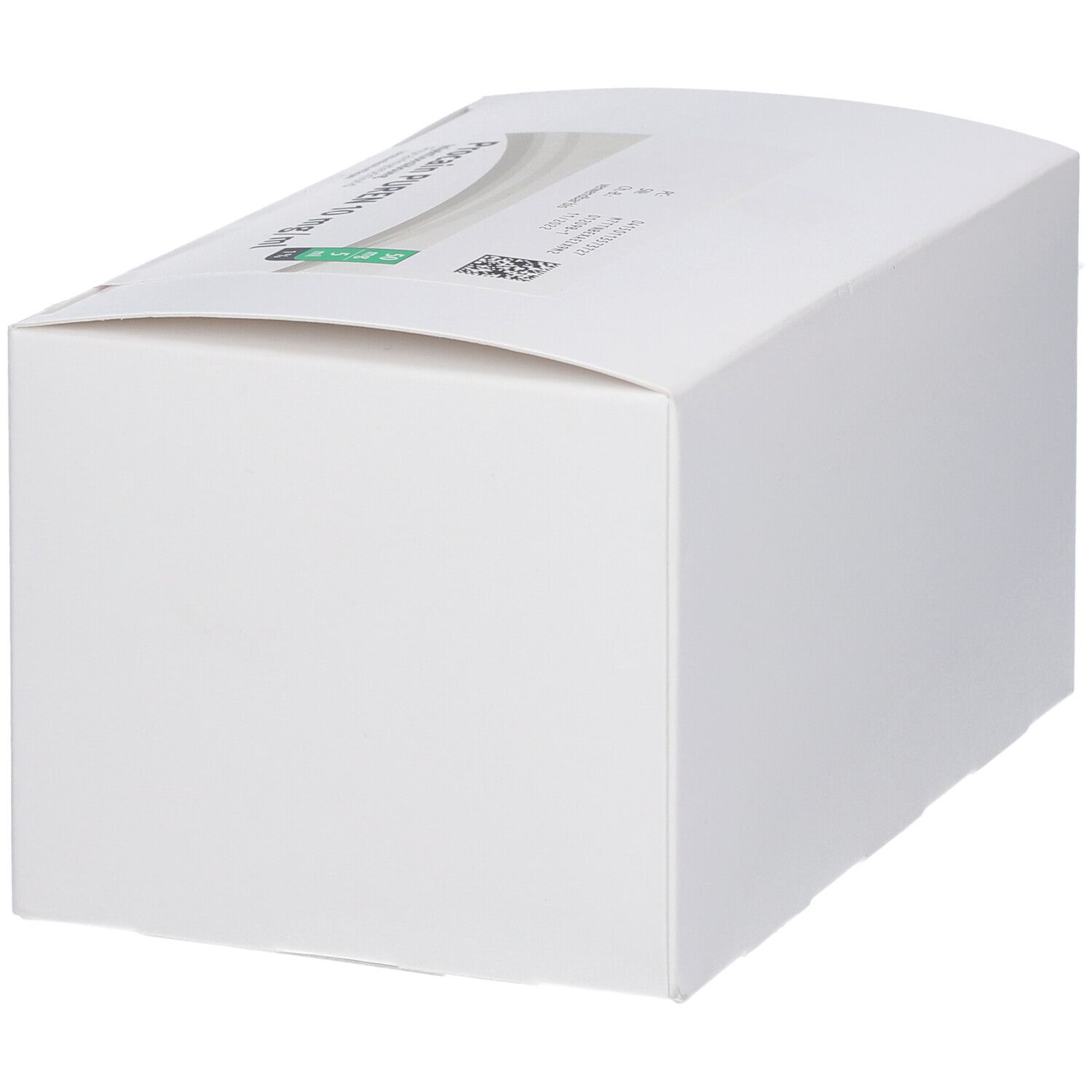 Weiße Produktverpackung, schräg von der Seite gesehen. Keine sichtbaren Texte oder Logos.