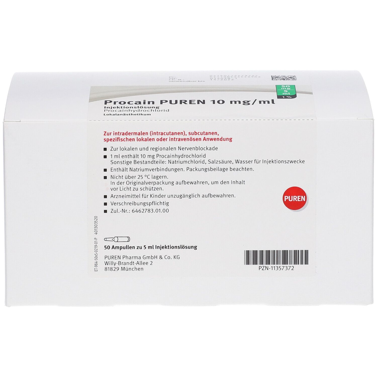 Weiße Produktverpackung mit Text. Aufschrift: Procain PUREN 10 mg/ml. PUREN-Logo. Barcode und PZN-Nummer.