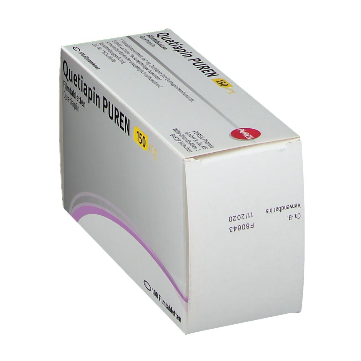Schachtel "Quetiapin PUREN 150 mg". Graue Verpackung, lila Akzente, gelbe Schrift. Aufdruck: "100 Filmtabletten". Haltbarkeitsdatum: 11/2020.