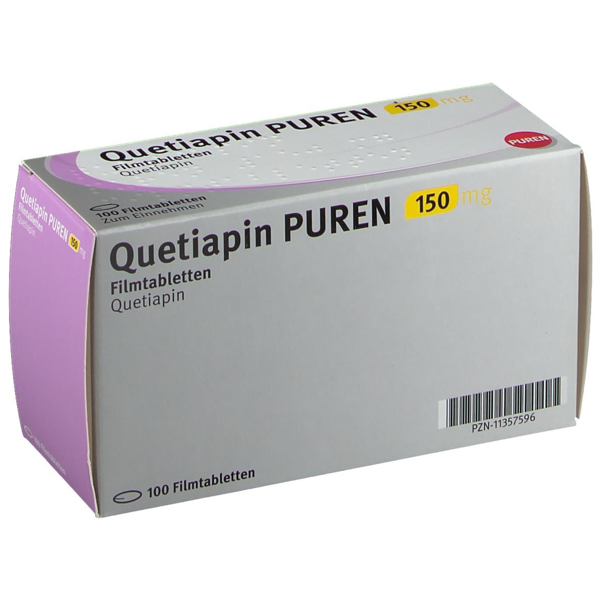 Schachtel "Quetiapin PUREN 150 mg". Graue Verpackung mit lila Akzenten und gelber Schrift. 100 Filmtabletten. PZN-11357596.