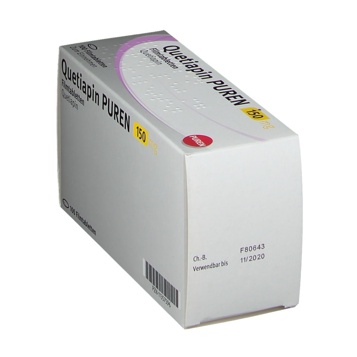 Schachtel "Quetiapin PUREN 150 mg". Graue Verpackung, lila Akzente, gelbe Schrift. Aufdruck: "100 Filmtabletten". Haltbarkeitsdatum: 11/2020.