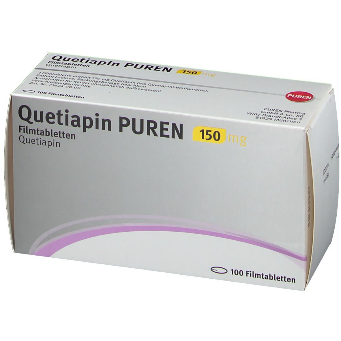 Schachtel "Quetiapin PUREN 150 mg". Graue Verpackung mit lila Akzenten und gelber Schrift. 100 Filmtabletten.