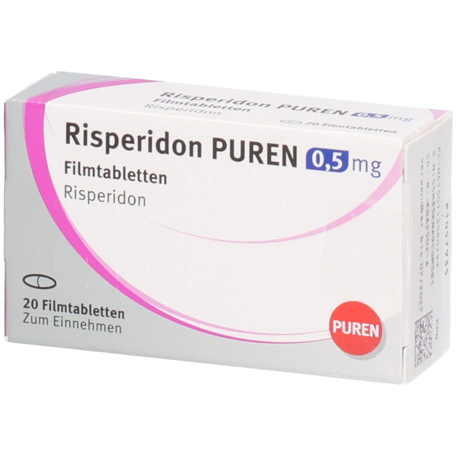 Packung Risperidon Puren 0,5 mg Filmtabletten, 20 Stück.