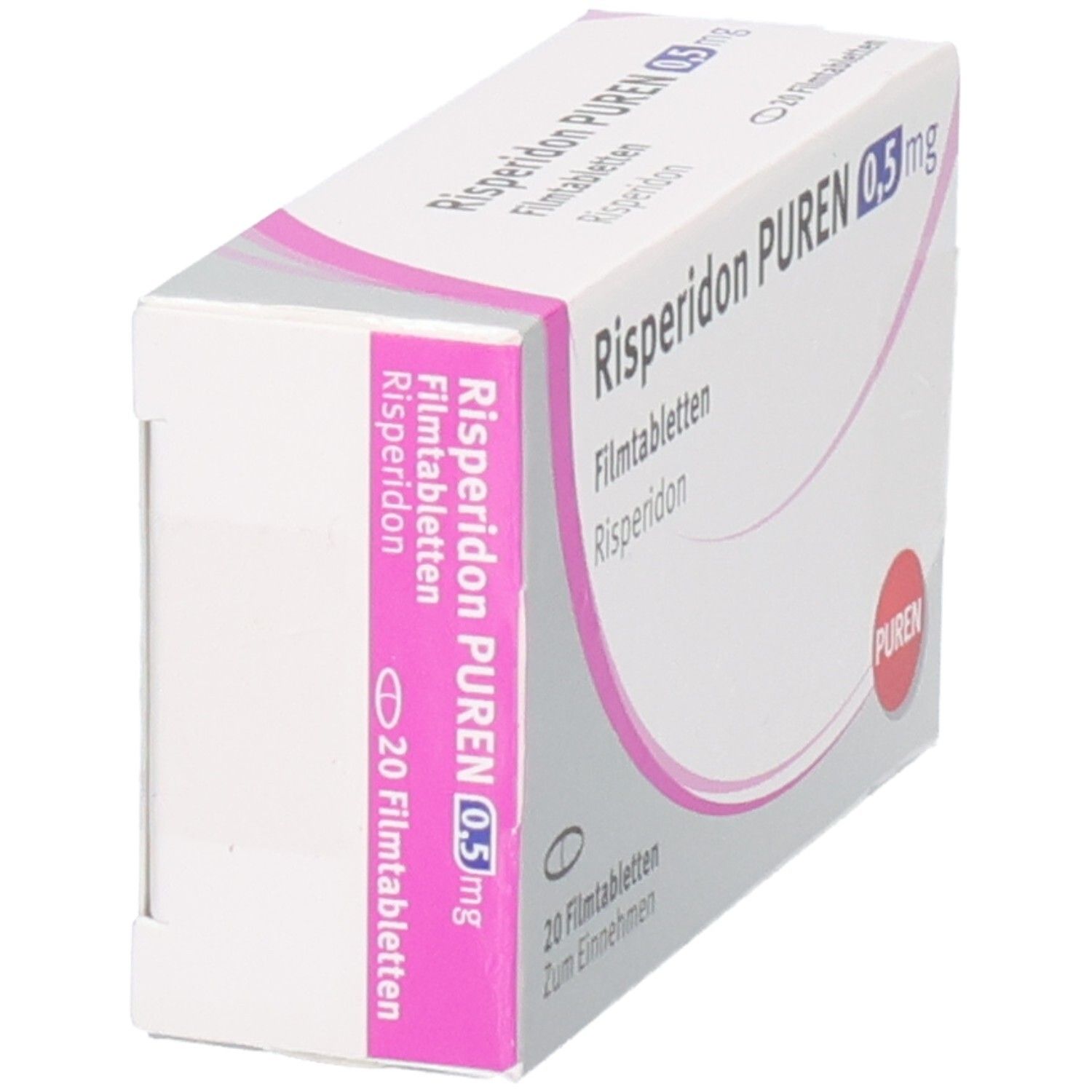 Packung Risperidon Puren 0,5 mg Filmtabletten, seitliche Ansicht.