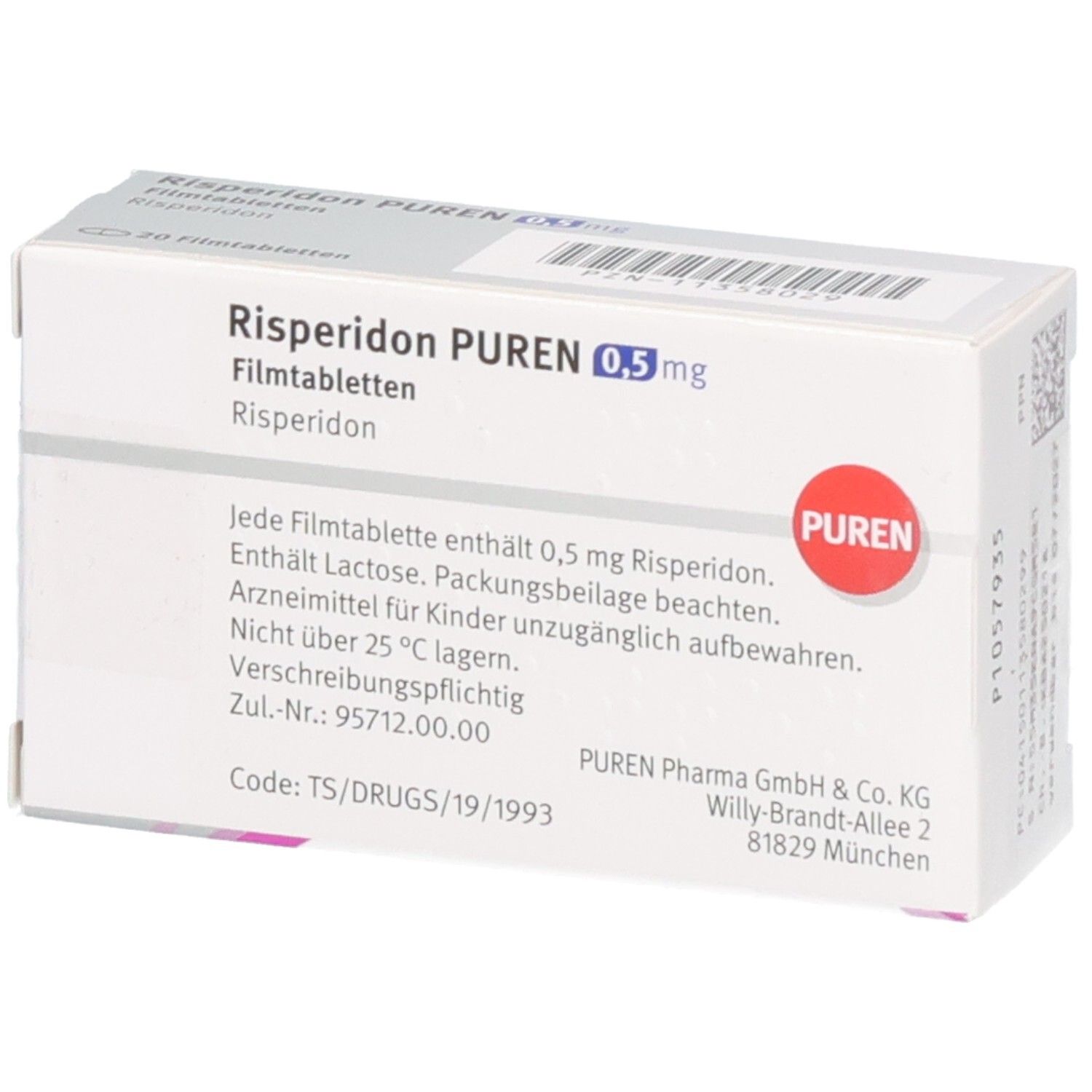 Rückseite der Packung Risperidon Puren 0,5 mg Filmtabletten mit Details.