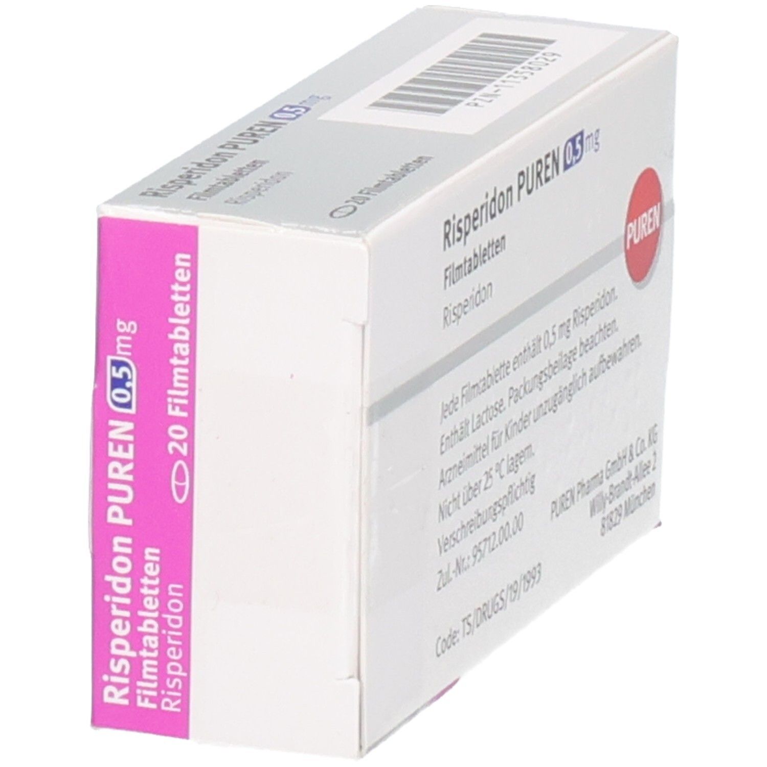 Packung Risperidon Puren 0,5 mg Filmtabletten, schräge Ansicht.
