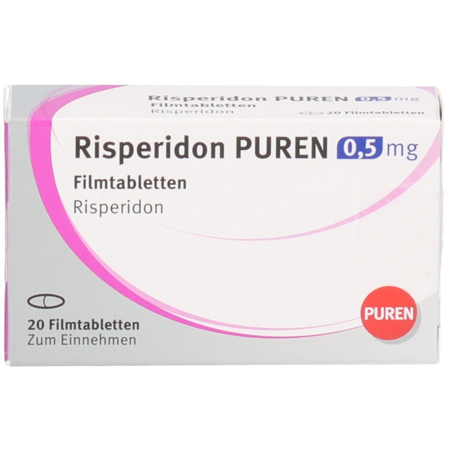 Vorderseite der Packung Risperidon Puren 0,5 mg Filmtabletten.