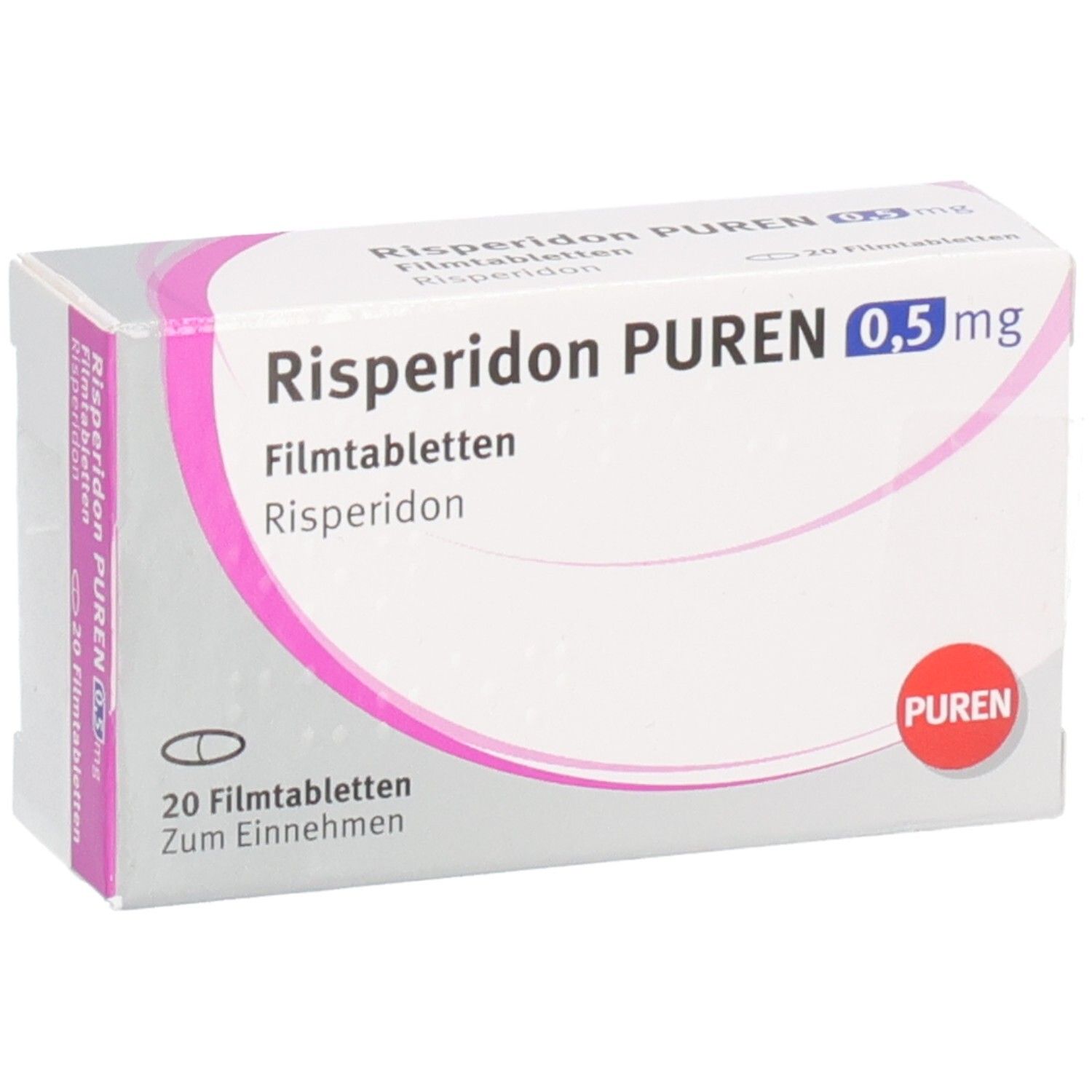 Packung Risperidon Puren 0,5 mg Filmtabletten, leicht schräg.