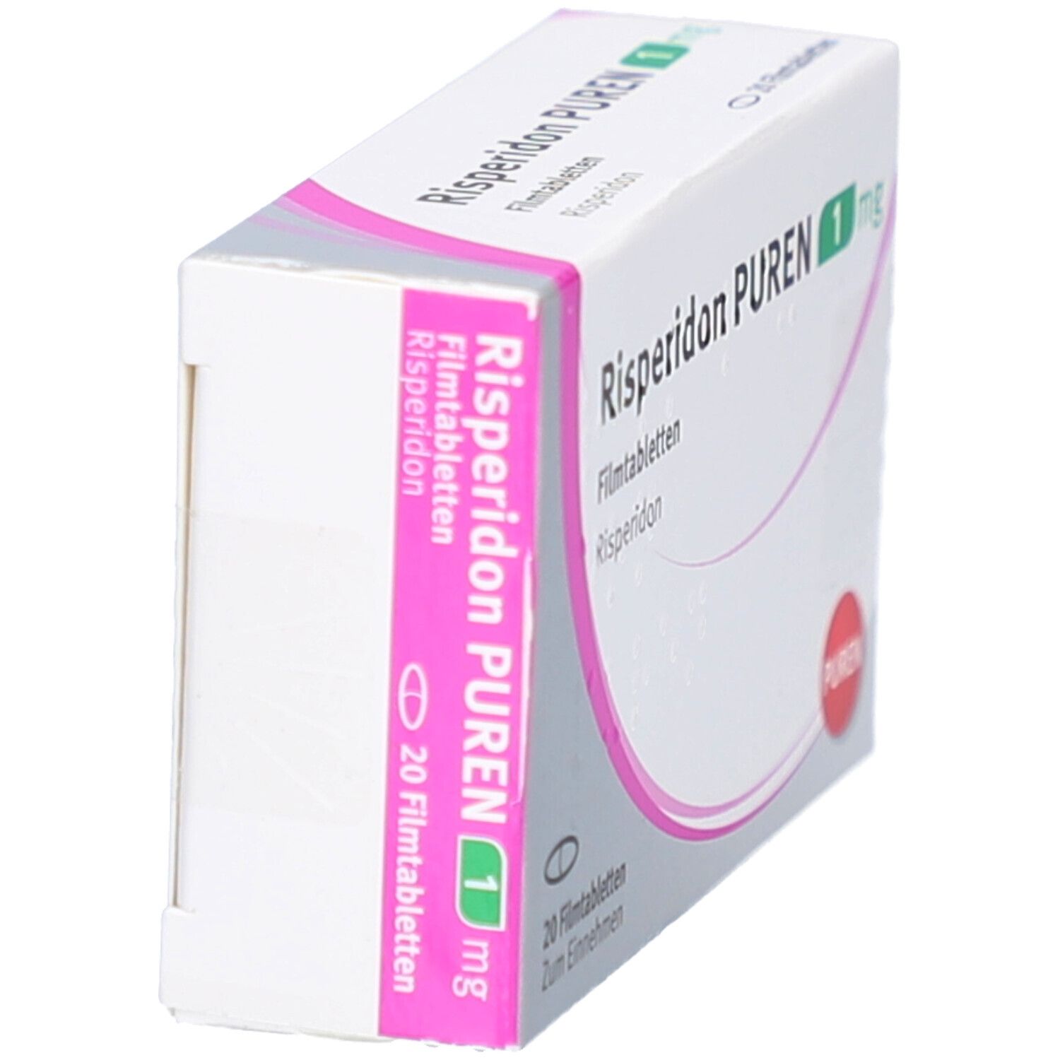 Schachtel Risperidon PUREN 1 mg. Seitenansicht. Aufschrift: 20 Filmtabletten. Marke PUREN. Rosa und grüne Akzente.