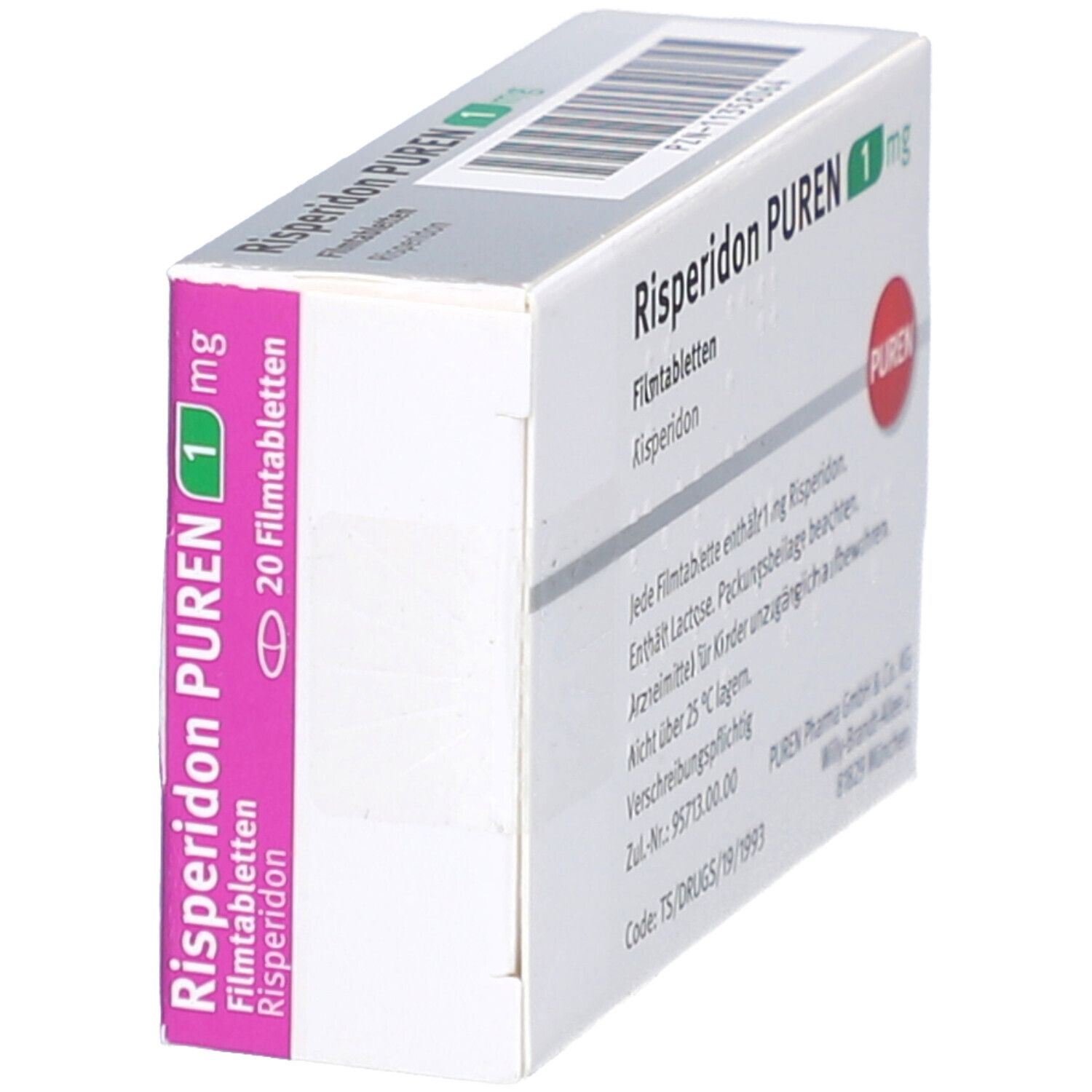 Schachtel Risperidon PUREN 1 mg. Seitenansicht. Aufschrift: 20 Filmtabletten. Marke PUREN. Rosa und grüne Akzente.