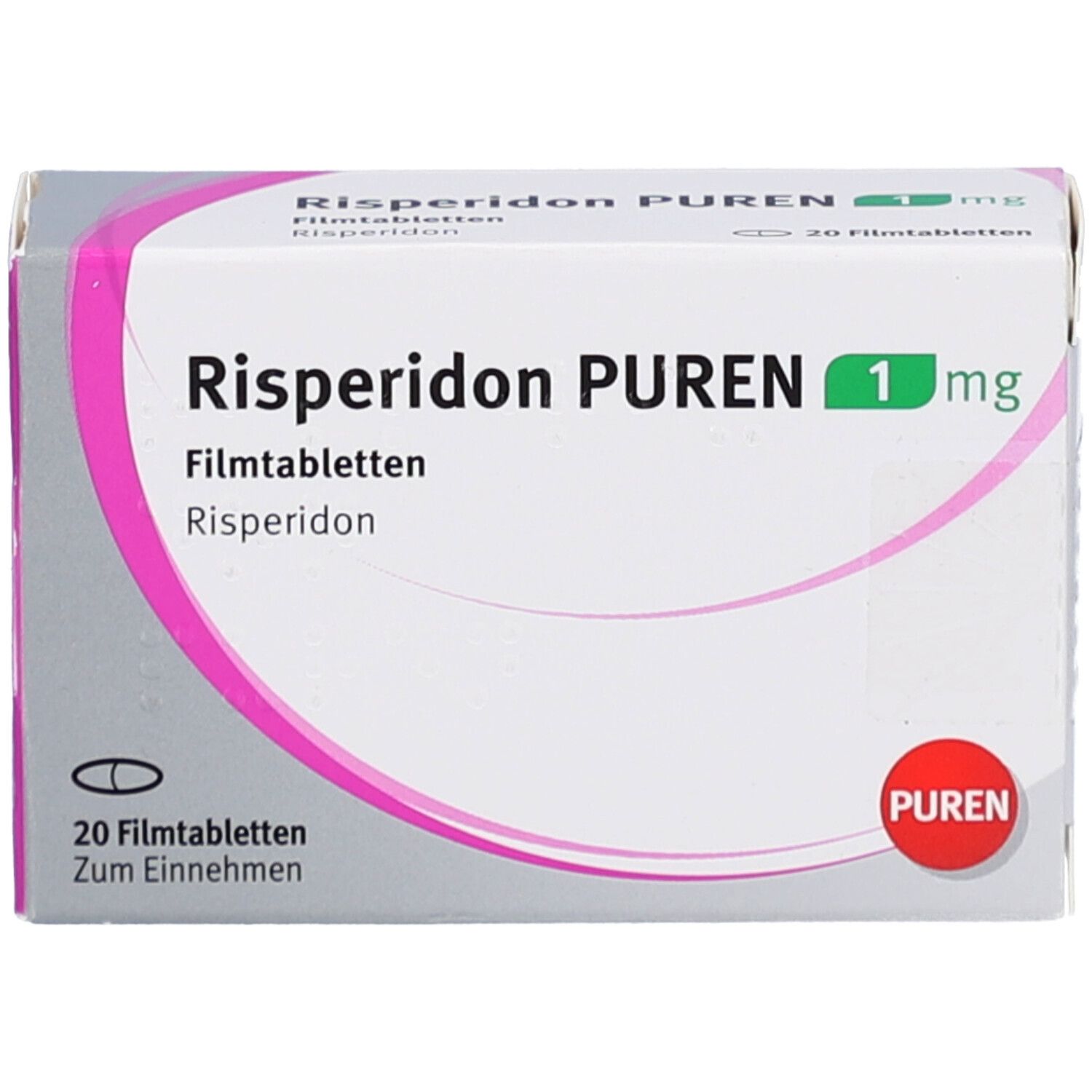 Schachtel Risperidon PUREN 1 mg. Aufschrift: 20 Filmtabletten. Marke PUREN. Rosa und grüne Akzente.