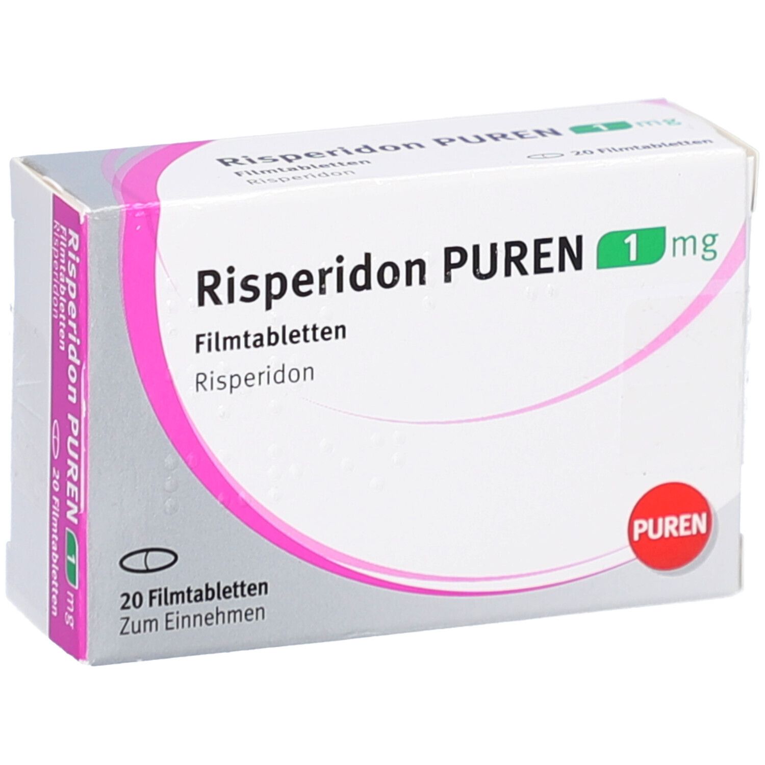 Schachtel Risperidon PUREN 1 mg. Aufschrift: 20 Filmtabletten. Marke PUREN. Rosa und grüne Akzente.