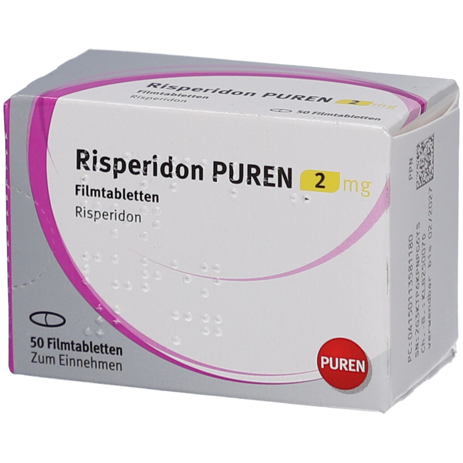 Risperidon PUREN 2 mg Filmtabletten-Packung. Enthält 50 Tabletten. Weiß-rosa Verpackung mit Produktnamen und Dosierung.