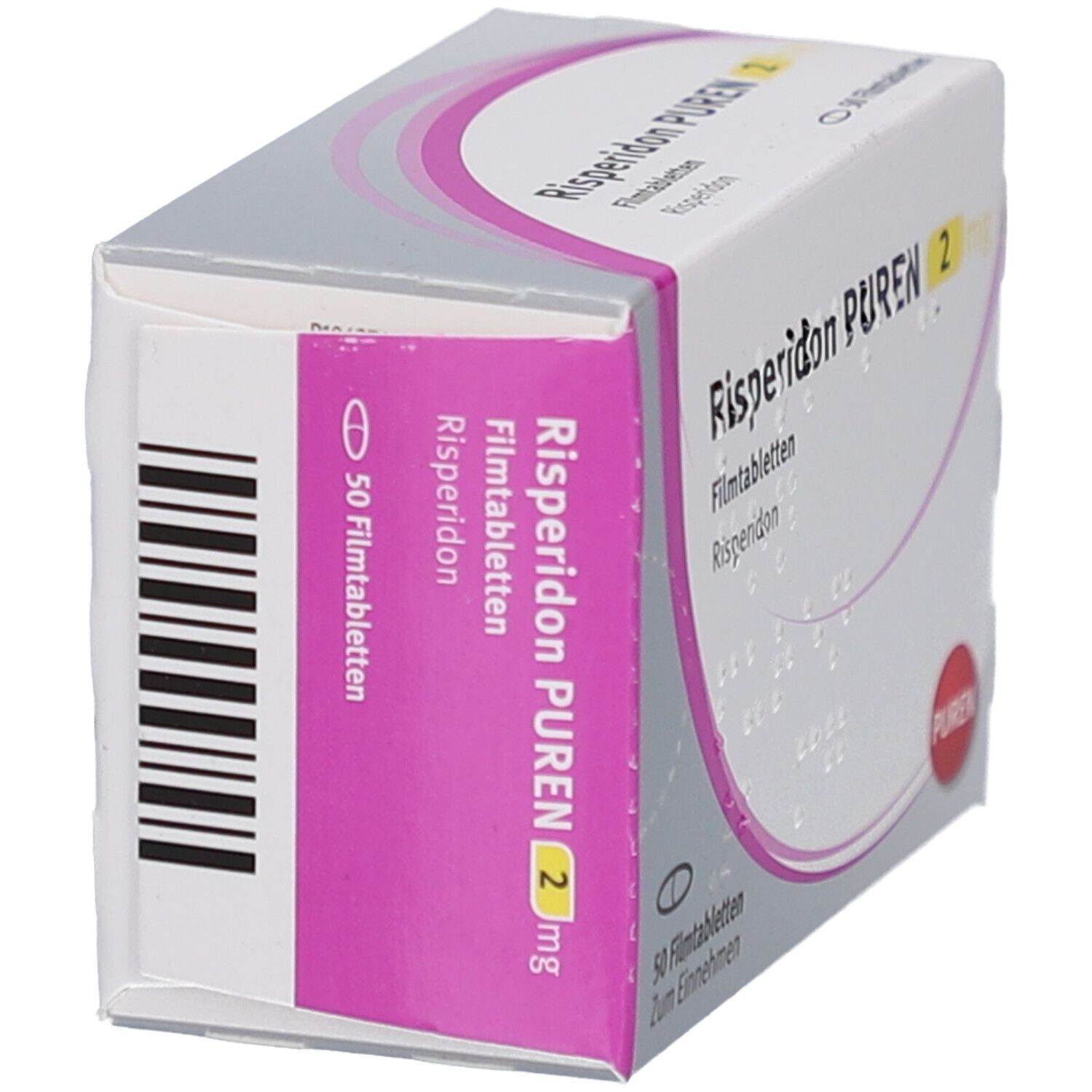 Schrägansicht der Risperidon PUREN 2 mg Packung. Zeigt die Seite mit Produktnamen, Dosierung und 50 Tabletten.