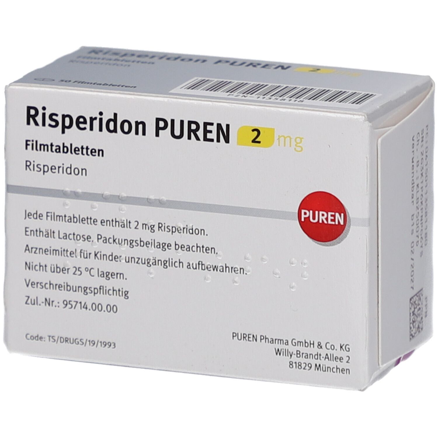 Risperidon PUREN 2 mg Packung. Enthält Informationen wie Dosierung, Inhaltsstoffe und Hersteller. Weiß-rosa Verpackung.