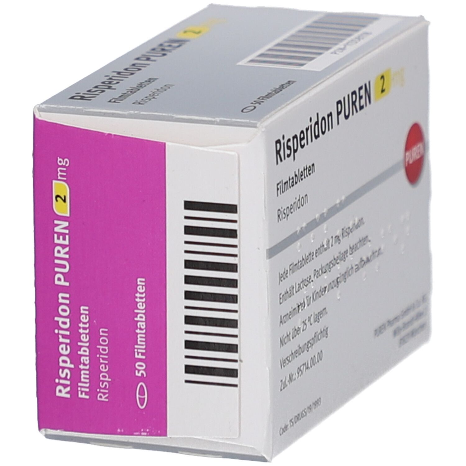 Schrägansicht der Risperidon PUREN 2 mg Packung. Zeigt die Seite mit Produktnamen, Dosierung und 50 Tabletten.