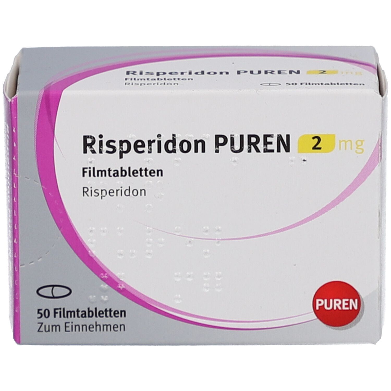 Risperidon PUREN 2 mg Packung. Zeigt Produktnamen, Dosierung und die Anzahl der Tabletten. Weiß-rosa Verpackung.