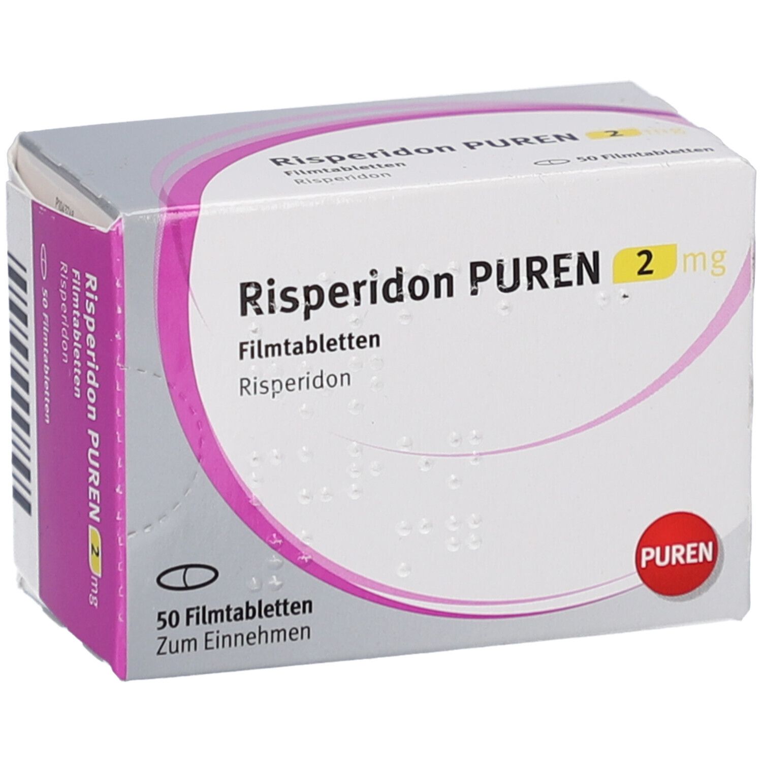 Risperidon PUREN 2 mg Packung. Zeigt Produktnamen, Dosierung und die Anzahl der Tabletten. Weiß-rosa Verpackung.
