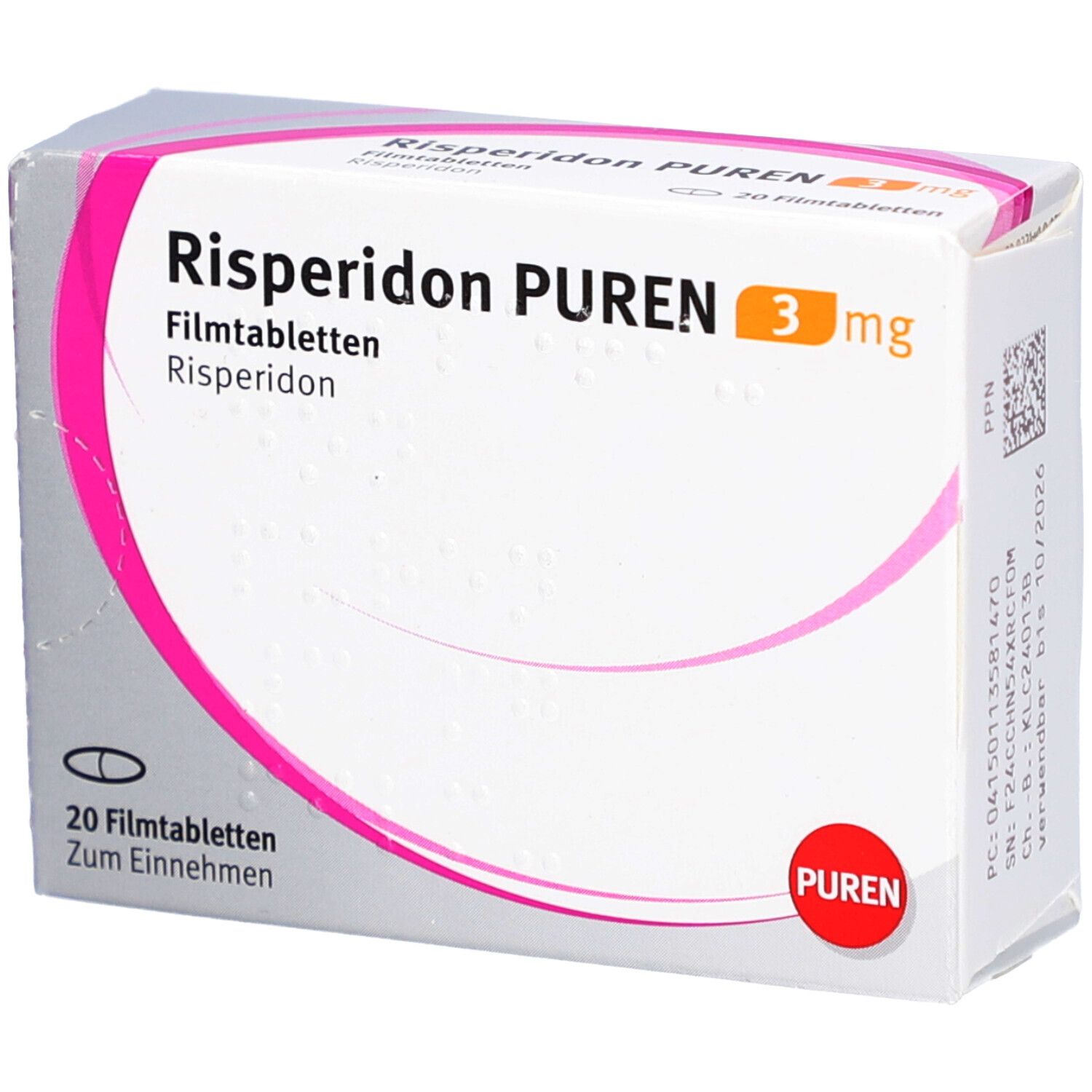 Schachtel mit Risperidon PUREN 3 mg Filmtabletten. Rosa-weiße Verpackung mit Produktnamen und Dosierung. 20 Filmtabletten.