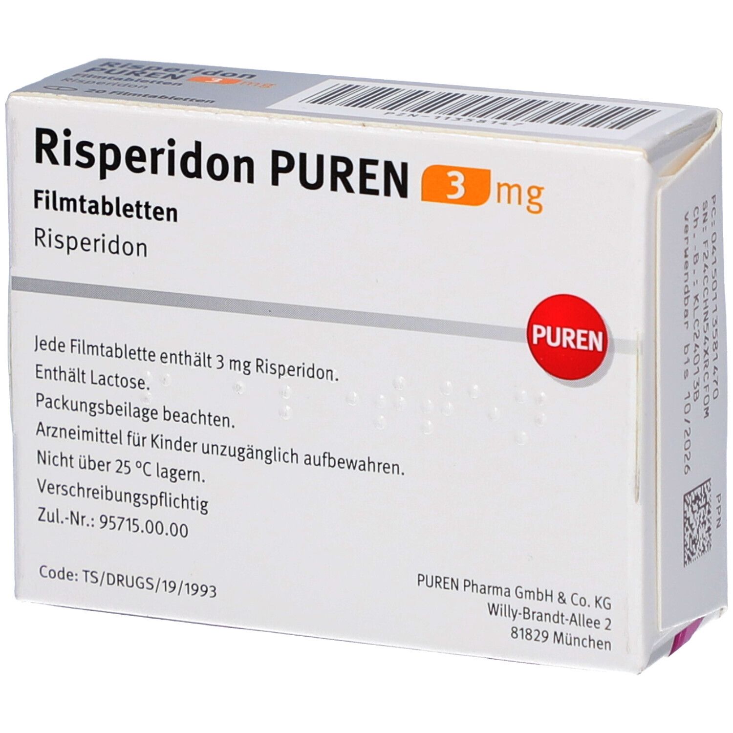 Schachtel Risperidon PUREN 3 mg. Textinformationen auf weißem Hintergrund. Produktname, Dosierung, Herstellerangaben.