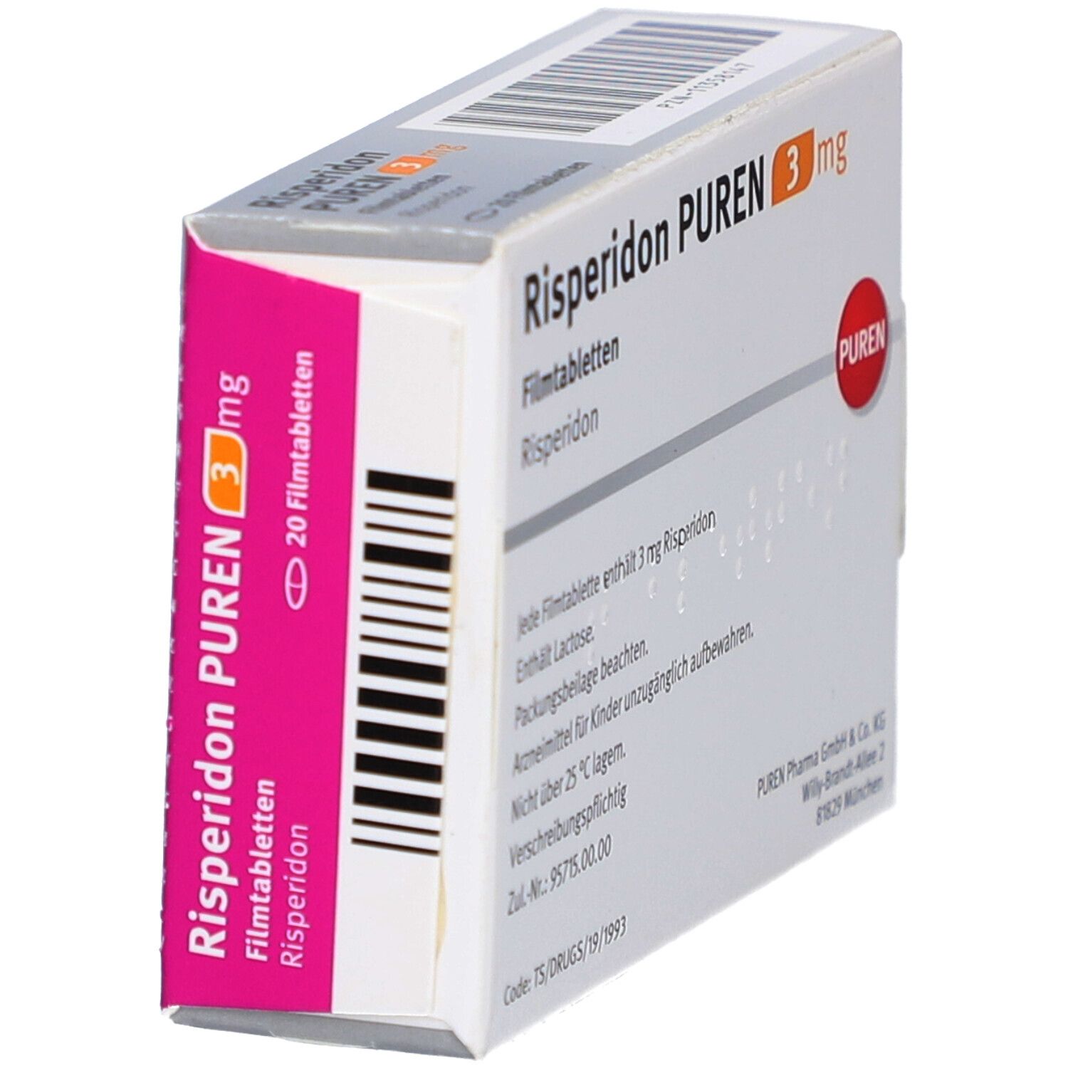Schachtel Risperidon PUREN 3 mg, schräge Ansicht. Rosa-weiße Verpackung mit Produktnamen und Dosierung. Text.